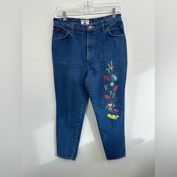 Vintage 80’s “Video” Printed High Rise Mid Wash Straight Leg Jeans Size 28 - Picture 4 of 9